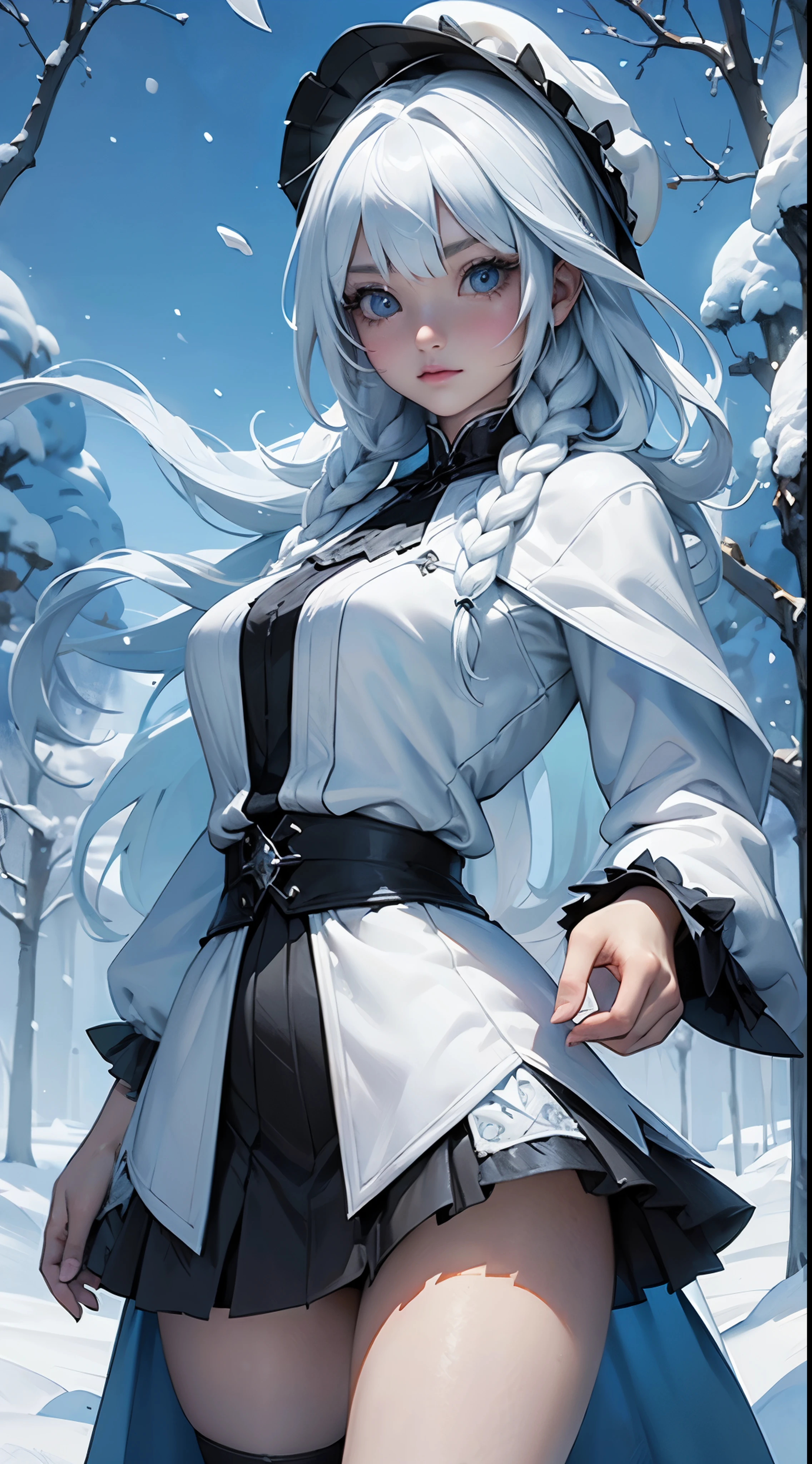 (La mejor calidad,A high resolution,Ultra - detallado,actual),El blanco,Un mundo cubierto de plata, ramas cubiertas de nieve, toque chill de invierno, Los copos de nieve bailan como elfos, Convierte el mundo en un cuento de hadas plateado, chill, Escena de nieve tranquila y hermosa., Acogedor Tranquilo, (seaArt 2.1), (background frozen white trees snow falling:1.4) , (hermosos ojos azules), (fondo piedras grandes negro:1.4) , (pose vaquero ), (realistic) ,Arte detallado de alta calidad 8K, Fanart Mejor ArtStation, Fantasy art style, (miniskirt negro ta corto transparente:1.4)