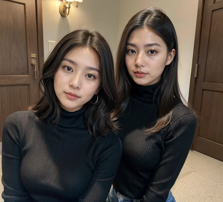 Two Japan women at the age of 28、Transcendent beauty、Wearing a close-fitting black turtleneck sweater