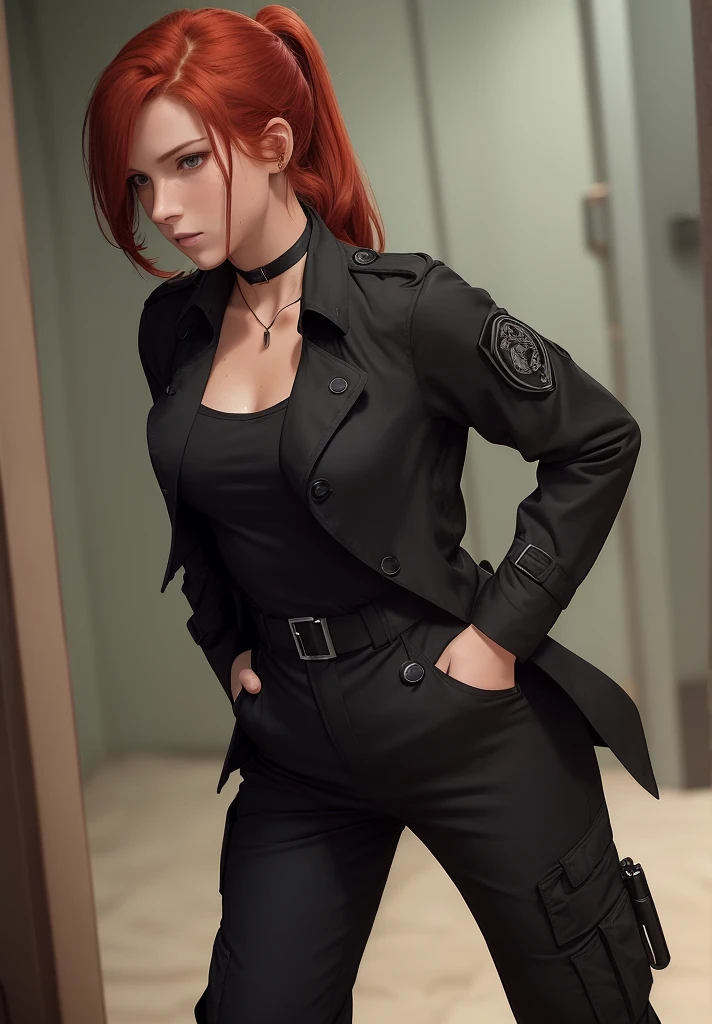 redhead, ((medium hair)), ((dark red hair)), ((solo female)), ((solo)), ((small breasts)), outside, night, ((character portrait)), ((1woman)), ((bedroom)), ((front view)), sweating, ((ponytail)), ((solo female)), ((solo)), ((fully clothed)), ((1woman)), sweating, ((choker collar)), ((18 year old female)), (best quality, masterpiece:1), solo, green eyes, portrait, fingers, close up photo, ((ankle length trenchcoat)), ((black bdu pants)), ((black bdu shirt)), ((pistol in leg holster))