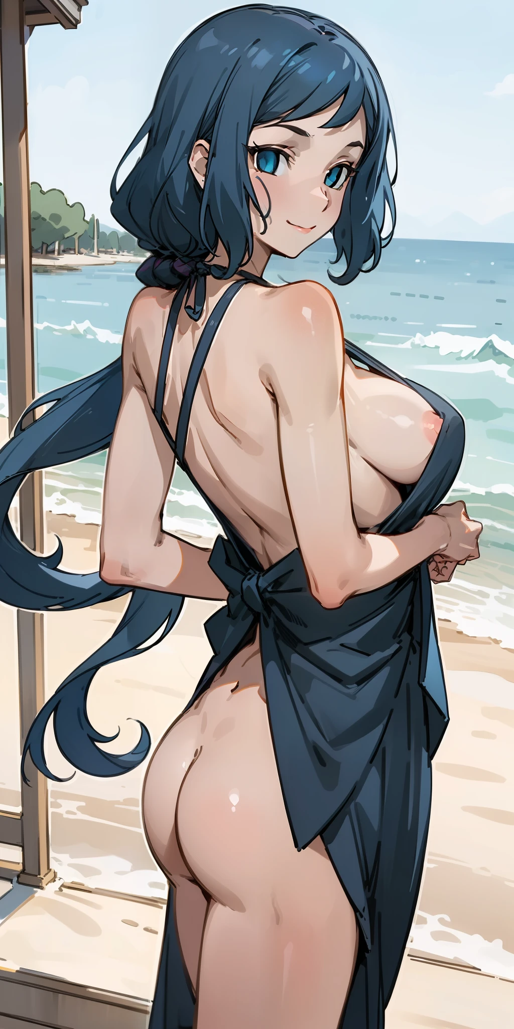 (Masterpiece), Best Quality, ultra-detailed, perfect hands, Delicate eye expression, 1girl (rinko_iori, Sexy, Slender and sexy body, huge breasts, naked body, Gray-haired hair, long hair, blue eyes (empty eye)),solo,closed mouth, nude,cowboy shots, sexy eveningdress, skirt lift,Beach, standing,Full-body, provocative pose, evil look,wicked smile, Sexy waist teasing, Looking Back