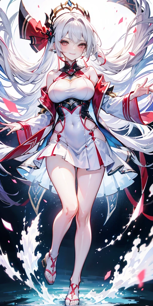full-body close-up, create an elegant atmosphere), white short skirt, white hair shawl, graceful flowing, elegant movements, lustful smirking smile expression (red blush), floating in the air, (1girl), slim figure)