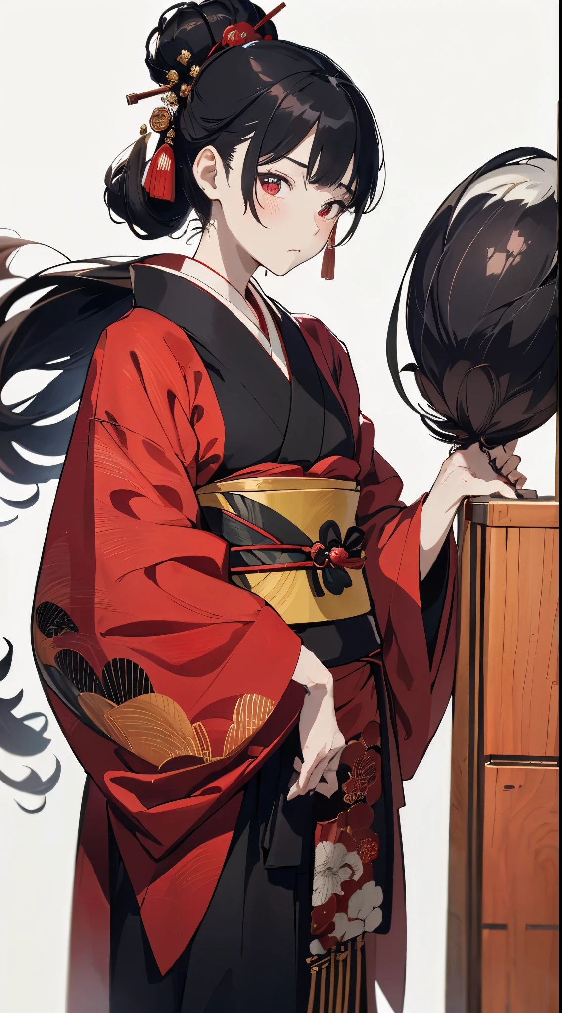 An arafi woman wearing a red kimono holding a black wallet on a white background, by Kanō Tan'yū, by Murakami, iwakura, maya takamura, Geisha prima ballerina, inspired by Tawaraya Sōtatsu, akihiko yoshida」, sosaku hanga, hayao miyazki