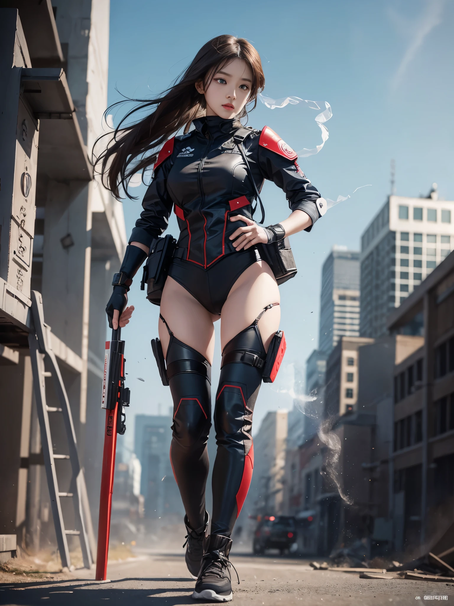(1girl in:1.3), Solo, (((Very detailed face)))), ((Very detailed eyes and face)))), Beautiful detail eyes, Body parts__, Official art, Unified 8K Wallpaper, Beautiful and beautiful, Beautiful, masutepiece, Best Quality, Original, masutepiece, Super Fine Photo, Best Quality, 超A high resolution, Realistic realism, Sunlight, Full body portrait, Amazing beauty, Dynamic Pose, Delicate face, (Bright eyes when viewed from the front), She wears a combat suit, One point color scheme of black and red, women military uniform, Very detailed abandoned warehouse background, Detailed face, Detailed complex busy background, Messy, Gorgeous, Milky White, highly detailedskin, Realistic skin details, Visible Pore, Clear focus, Volumetric fog, 8K UHD, High quality, Film grain, Fair skin, photorealisim, Lomography, futuristic dystopian giant metropolis, Explosion smoke,emergency siren,in battle with the enemy,tense look,Tense situation,Combat helicopter,Well-formed beauty Shishi Face,oriental,Korea person,Super beautiful girl in her teens,Energetic girl,Run through dangerous situations as a rescue worker,strong woman of will,strong woman,former mercenary,Martial Arts,obligation: relief operation team leader,Clear the blue sky,A precious girl who protects the holy war with a pure heart..,Transport the minimum necessary medical equipment,Angle,Rin, symbol of battle々Shishi Face,kawaii faces,CLC Eugene,Eve Eugene, Commander,slender physique,slenderbody,legs are thin,stop and stand there dumbfounded,