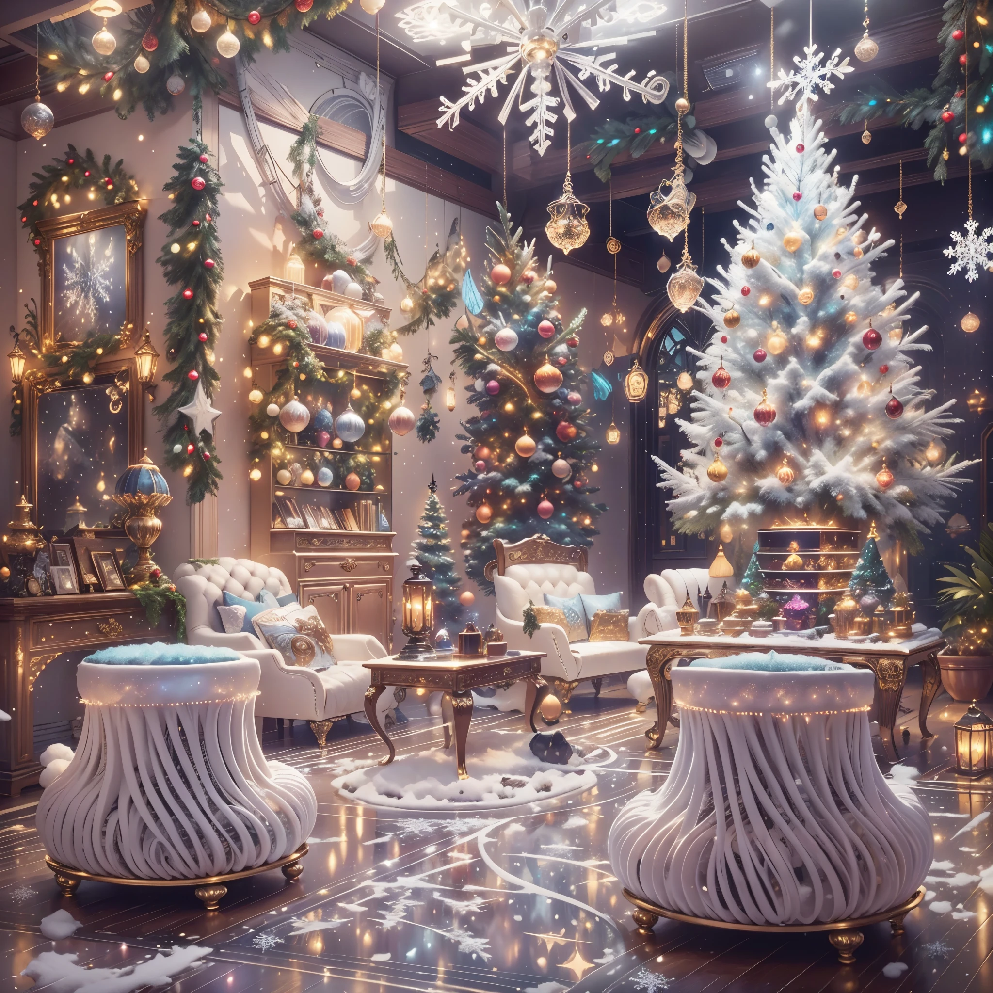 extreme detail description,professinal,vivd colour,bokeh,mirai,peculiar,festivity,celebrating,christmas,(冬季wonderland),(Fairytale,magia,whimsically),((NOhumans)),vivid decoration,energeticatmosphere,white christmas tree,Sparkling ornaments,wrapped gifts,(shiny metal wall,shiny reflective surfaces,endless hallucinations,suspended metal snowflakelashing lights,Snowflakes flying in the sky,mechanical fireplace), flexible movement,Christmas lights greeting visitors,silver dining table,Elegant place setting,Fine dining,Artistic food display,unique metal chair,Soft cushions,comfortable seatinetal chandelier,warmly lit,festivity氛围,(Piano in the corner),colourful light,(musical note),Magical atmosphere,telling stories,wonderland,Interior design,fantasy,(机械Fairytale),number art,(painting of a),Popular on ArtStation,Popular on Pinterest,Popular on DeviantArt