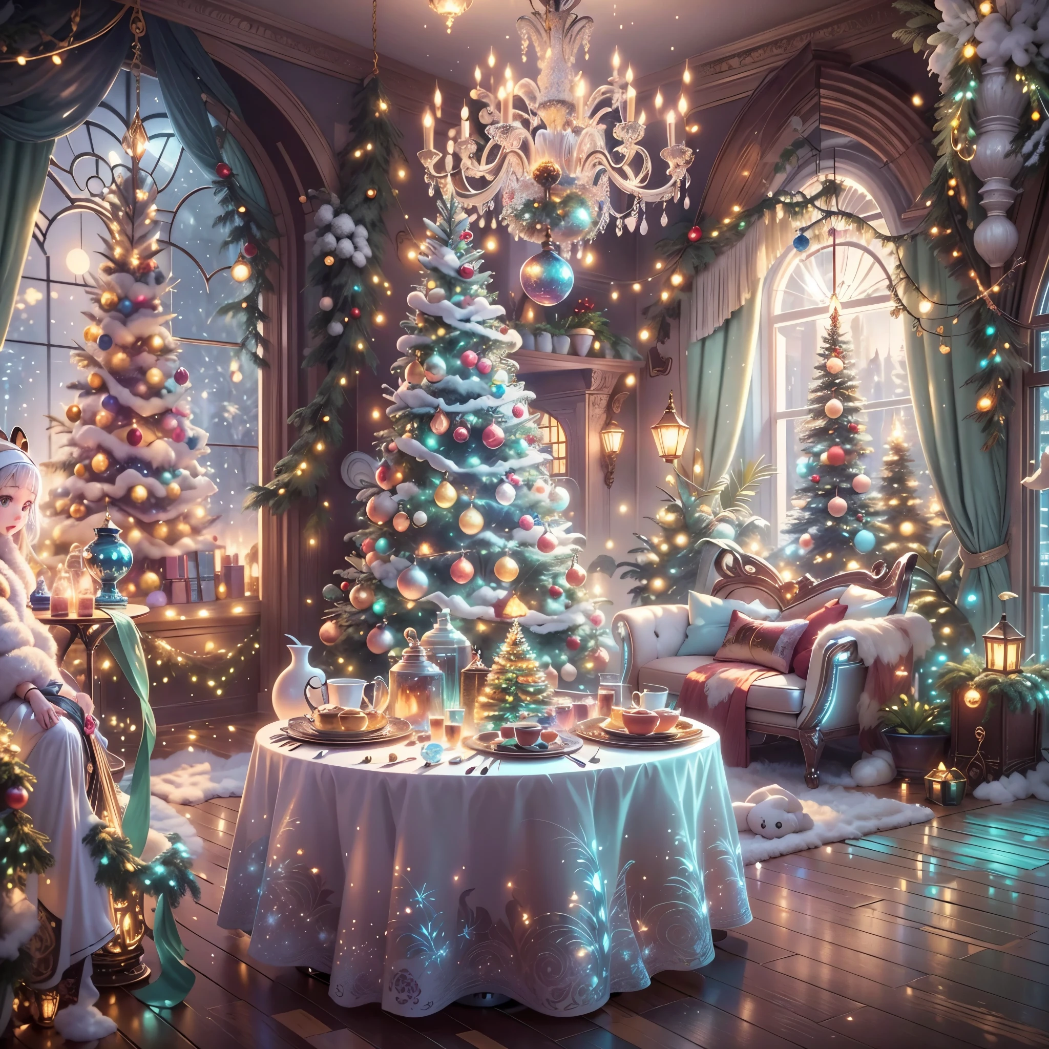 extreme detail description，professinal，vivd colour，bokeh，mirai，peculiar，festivity，celebrating，christmas，(冬季wonderland)，(Fairytale，magia，whimsically)，((NOhumans))，vivid decoration，energeticatmosphere，white christmas tree，Sparkling ornaments，wrapped gifts，(shiny metal wall，shiny reflective surfaces，endless hallucinations，suspended metal snowflakelashing lights，Snowflakes flying in the sky，mechanical fireplace), flexible movement，Christmas lights greeting visitors，silver dining table，Elegant place setting，Fine dining，Artistic food display，unique metal chair，Soft cushions，comfortable seatinetal chandelier，warmly lit，festivity氛围，(Piano in the corner)，colourful light，(musical note)，Magical atmosphere，telling stories，wonderland，Interior design，fantasy，(机械Fairytale)，number art，（painting of a），Popular on ArtStation，Popular on Pinterest，Popular on DeviantArt