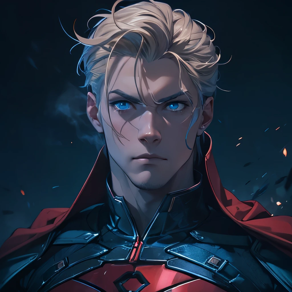 (masterpiece), 8k cg, intricate details, chromatic aberration, ((bust shot)), ((looking at viewer)), 1man (blue eyes, blonde hair, homelander, blue body suit, red and white cape), strong face, handsome face, frown, 20 year old, absurdres, cinematic lighting, dynamic lighting, fantasy, ((dark background, fog))