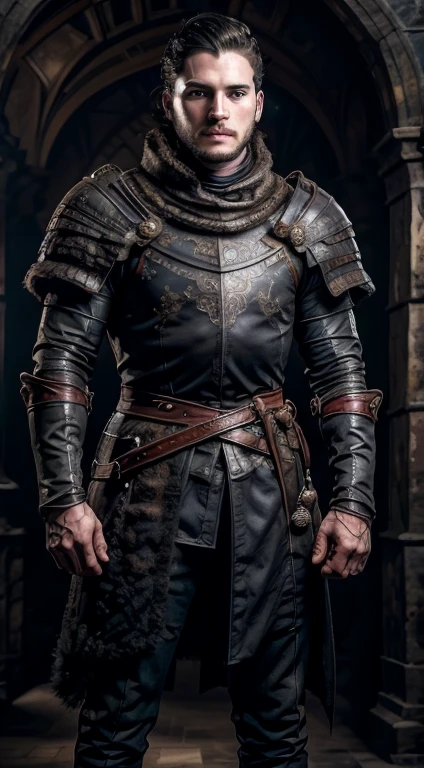 Jon snow, 20 years old, short haircut, black hair, intense blue eyes, intense gaze, affiliated features, no facial hair, height 1.93, weight 90 kg, aesthetic muscular build, broad shoulders, V-shaped body, sleeve wolf tattoo, full body focus, completely hairless,