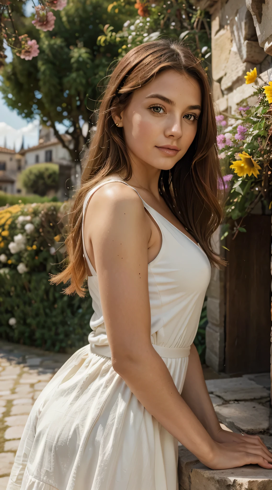 masterpiece, best quality, ultra-detailed, 1girl, french braided hair, bangs, medium wavy hair, black hair, glamorous, white summer dress, Bordighera, laughing
