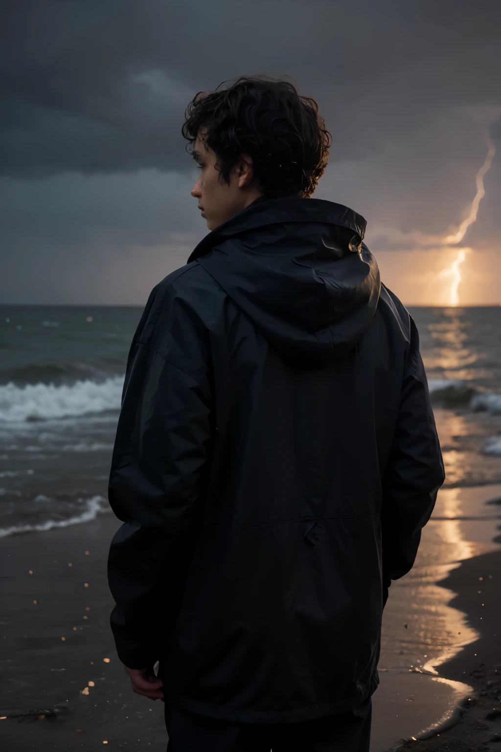 a boy with black skin and not-so-voluminous curly hair on a dark night at the edge of the beach looking at the rainy sea and lightning, he has his back to us looking at the sea with his hood covering his head and his hands in his coat pocket, dark book cover style he is distant