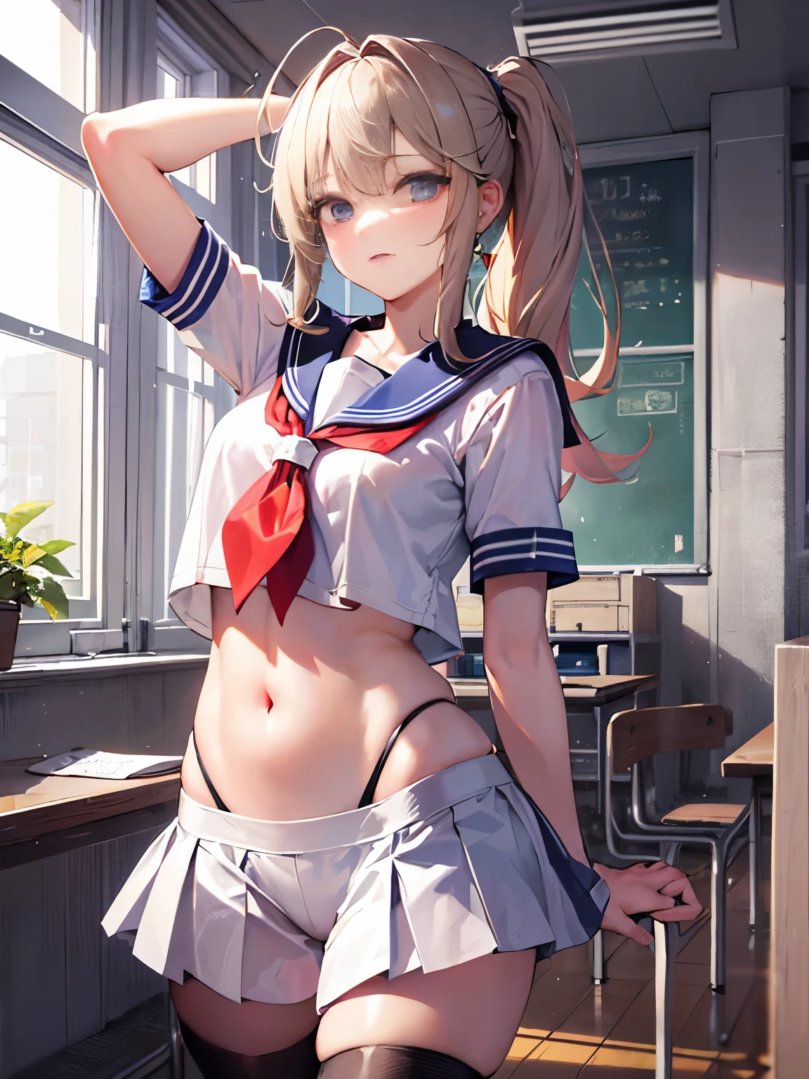 top-quality、realistic touch,high-detail、photoRealstic、thin-waist、captive beauty、big eye、solid platinum-blonde eyelashes、platinum-blonde、full body Esbian、Sparkling eyes, cheeks flushed、thin-waist、In the classroom of  the school、She is in estrus、a sailor suit、cocky expression、Super short skirt with V-line visible、Sleeveless、Navel look、small tits、Ponytail hair style、a sailor suit that is extremely short in length、Black thigh socks、Colossal tits、big butts