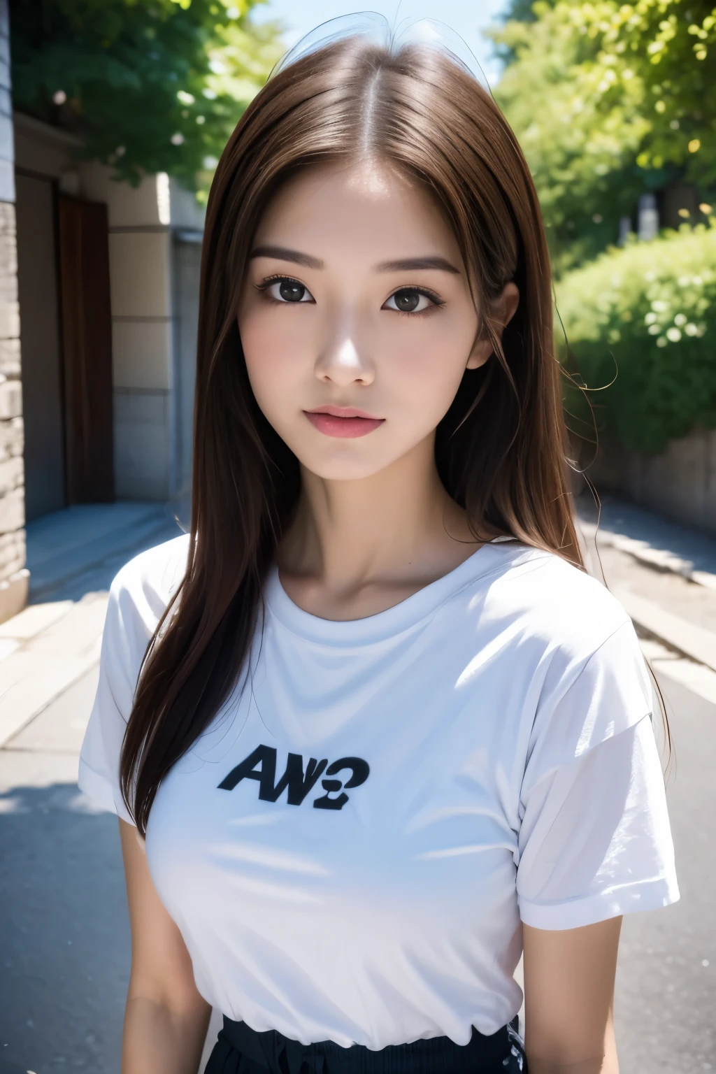 Close up of woman in t-shirt posing for photo, Middle metaverse, 奈良美智, Japanese Models, Beautiful Asian Girl, With short hair, 2  female model, 4 k ], 4K], 2 7 years oldn, sakimichan