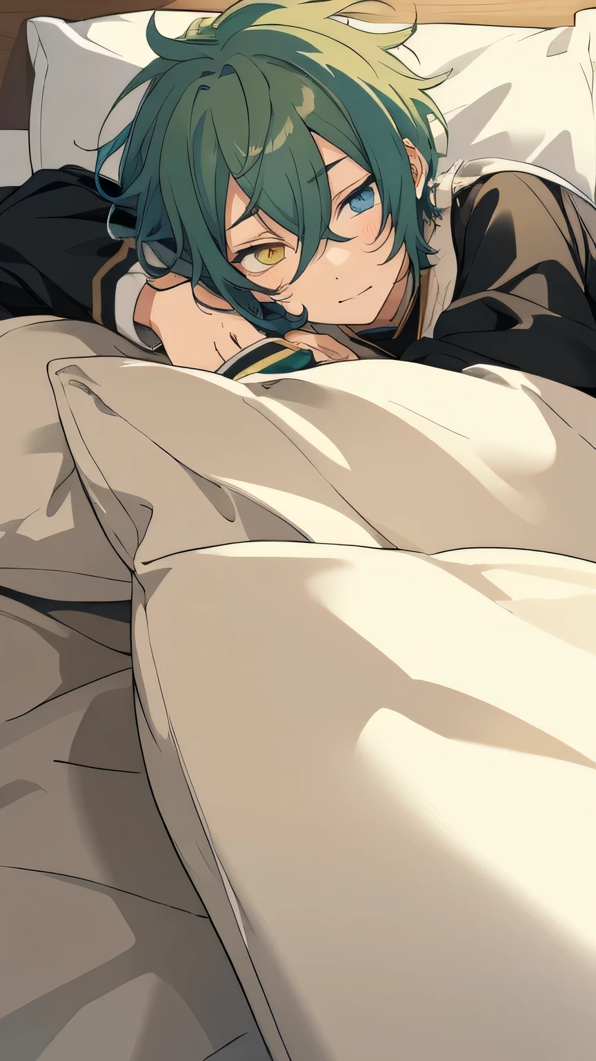 1boy, Solo, ensemble Stars, Meijia Inpei, Dark green hair, hair messy, Heterochromia, Left eye yellow, Right eye blue, in bed, laying, sleepy, Perfect Anatomy, Cozy