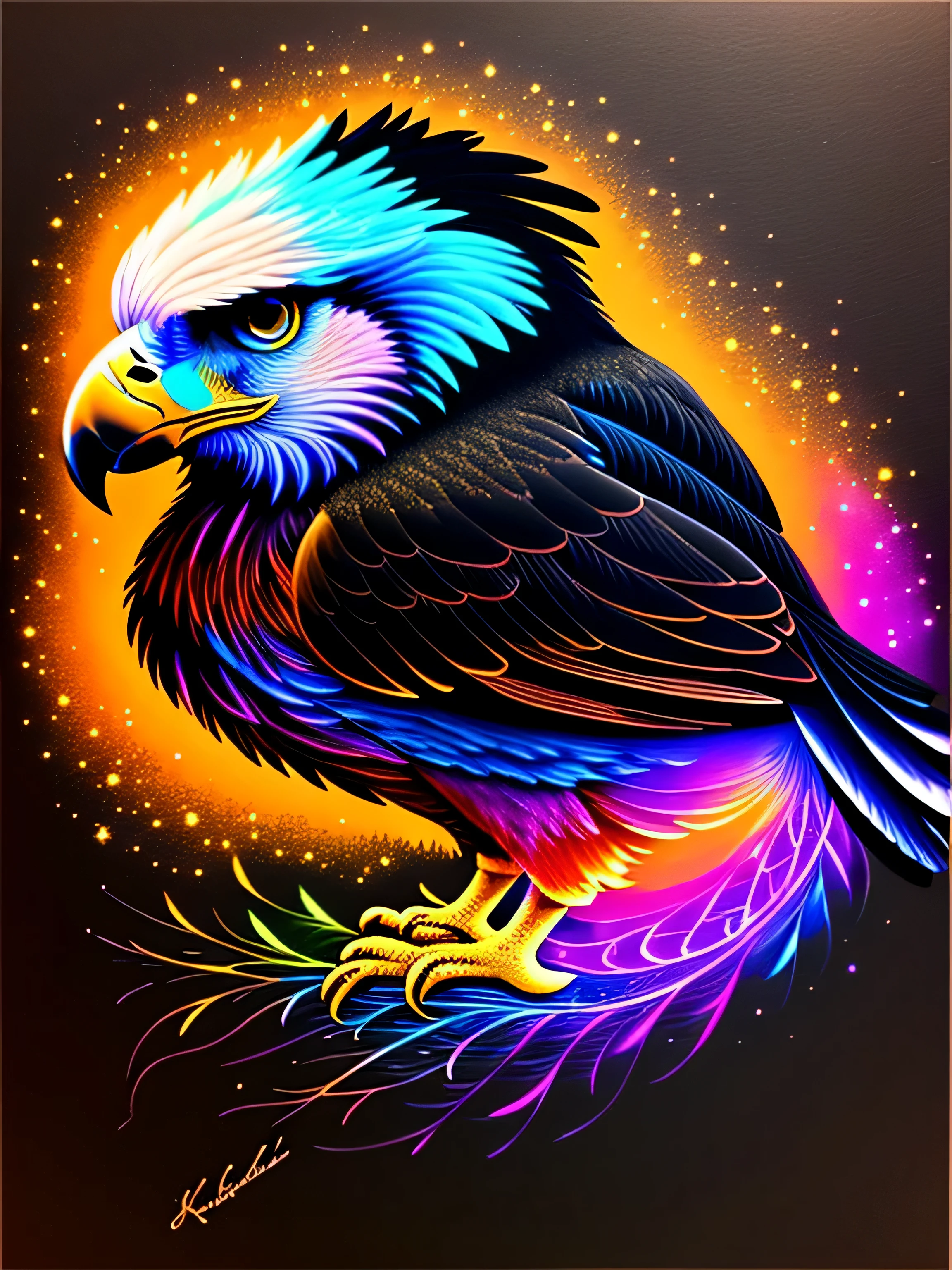 a painting of a colored eagle on a black background,, breathtaking rendering, within a radiant connection, inspired by Kinuko Y. Craft,, magical elements, kitten icon, wow, is beautiful, casting a multi colorful spell, bright flash, flash