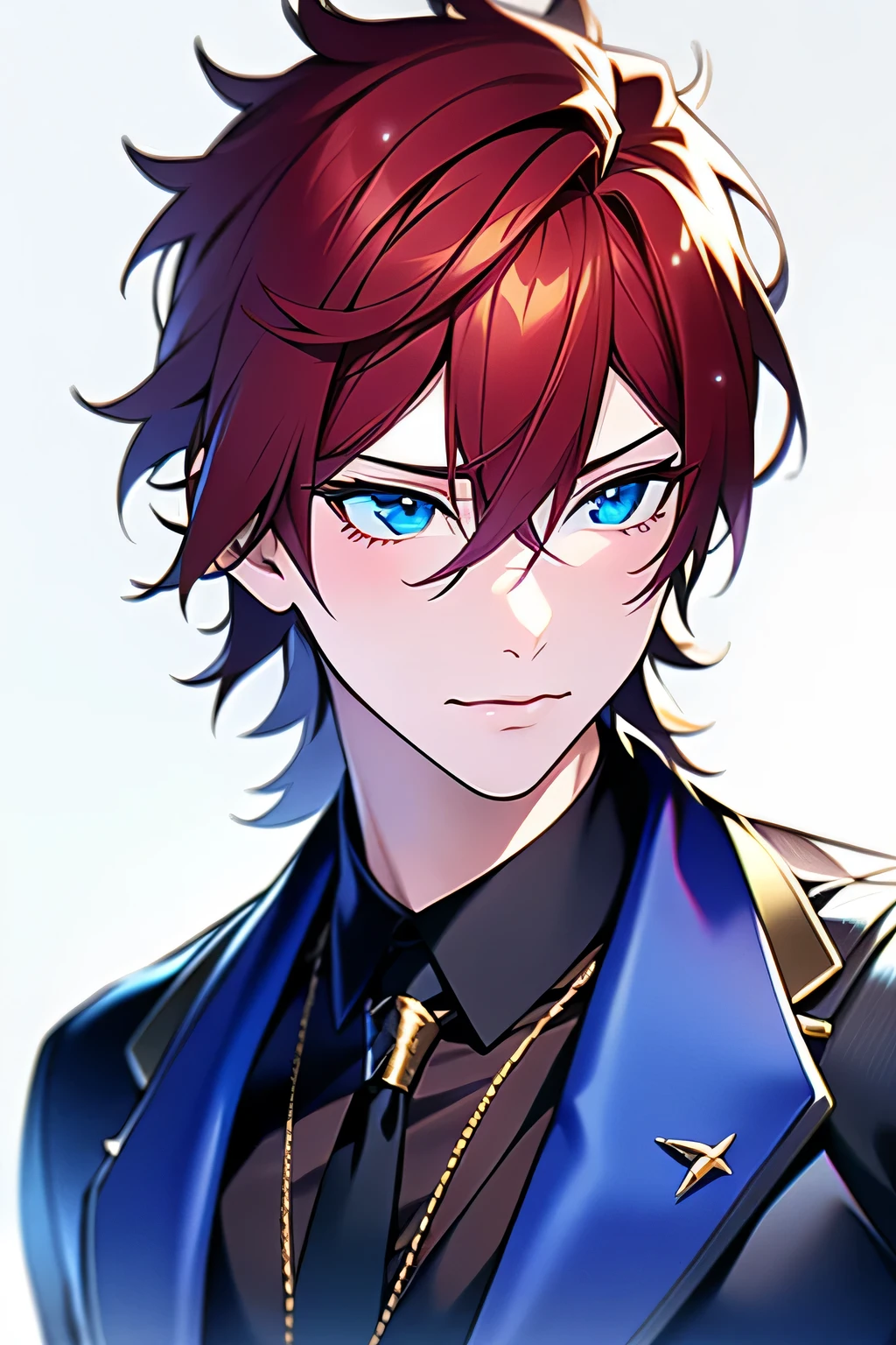 Sparkling Jewelry, Stylish jacket, Confident posture,  Background, Street style, Natural lighting, Vibrant colors. (Best Quality, 4K, hight resolution), Ultra-detailed, Realistic, Portraits, Cool color tones, Soft lighting. Rinne Amagi, Red hair, Blue eyes, 1boy. Solo Male