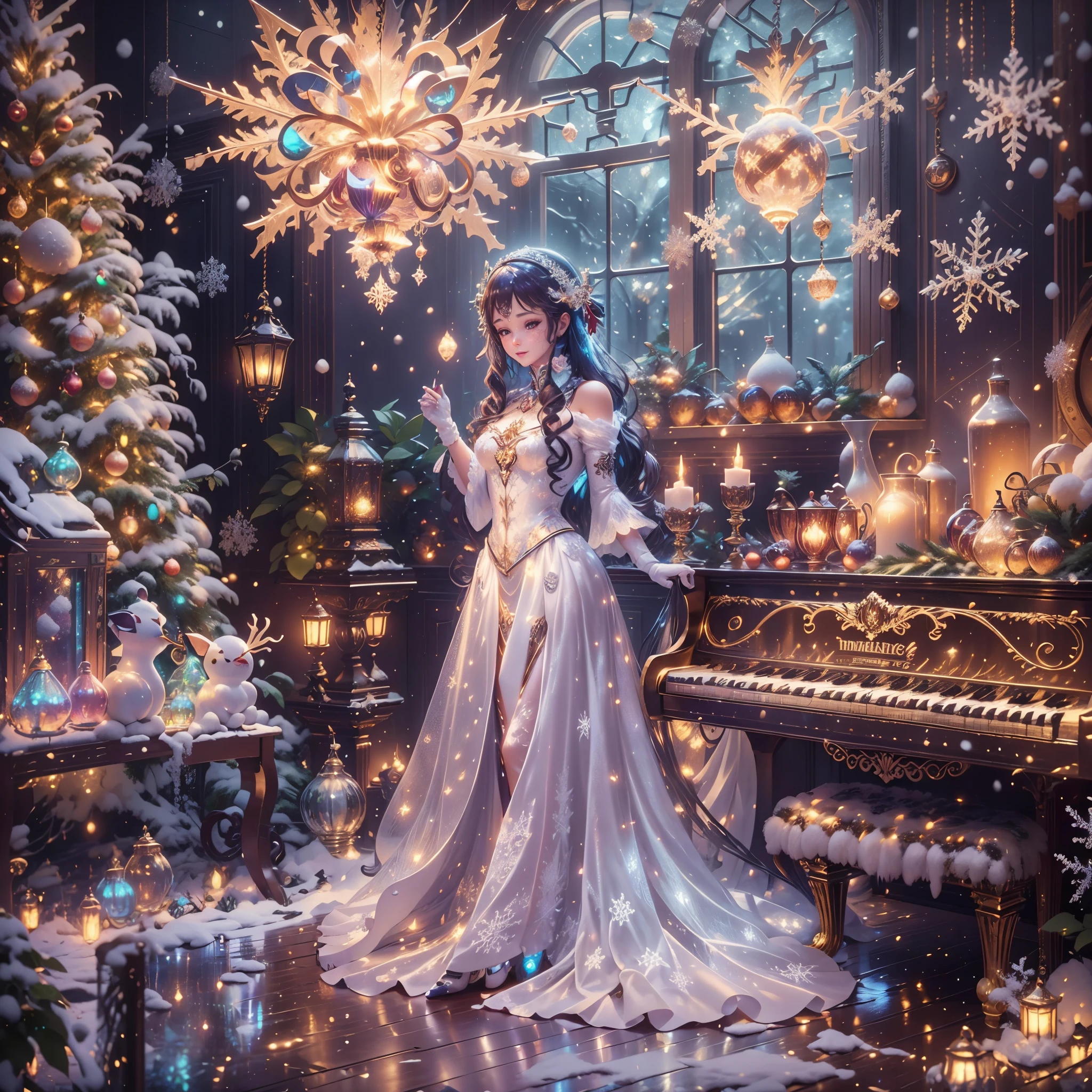 extreme detail description,professinal,vivd colour,bokeh,mirai,peculiar,festivity,celebrating,christmas,(冬季wonderland),(Fairytale,magia,whimsically),((NOhumans)),vivid decoration,energeticatmosphere,white christmas tree,Sparkling ornaments,wrapped gifts,(shiny metal wall,shiny reflective surfaces,endless hallucinations,suspended metal snowflakelashing lights,Snowflakes flying in the sky,mechanical fireplace), flexible movement,Christmas lights greeting visitors,silver dining table,Elegant place setting,Fine dining,Artistic food display,unique metal chair,Soft cushions,comfortable seatinetal chandelier,warmly lit,festivity氛围,(Piano in the corner),colourful light,(musical note),Magical atmosphere,telling stories,wonderland,Interior design,fantasy,(机械Fairytale),number art,(painting of a),Popular on ArtStation,Popular on Pinterest,Popular on DeviantArt