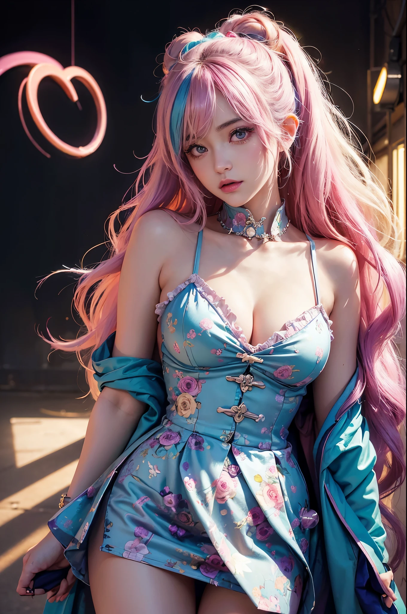 (Pink fashion T-shirt:1.9),(Colorful hair:1.8),(Rainbow all colors:1.8),((((Vertical painting:1.6))),(painting of a:1.6),frontage,comic strip,illustration,painting of a,largeeyes,crystal-clear,(rainbow color gradient high ponytail:1.7),Delicatemakeup,long eyelasher,looking at viewert,watery big eyes,huge boob,Open chest,The kinky is exposed,exposing your navel,legs separated,Pubic hair shows through,(rainbow colour hair:1.6), colored splashing, (Solo:1.8), colored splashing, Color explosion, Color splattering, Color explosion, Thick lacquer style,Messy lines,((Shining)) ,(Colorful), (Colorful), (Colorful), Colorful, Thick Paint Style, (Splash) (colored splashing), Vertical painting, paint splatter, Acrylic Pigment, Gradient, Paint, Highest image quality, Highest image quality, Masterpiece, Solo, Depth of field, facepaint, Colorful clothes, (ellegance: 1.2), opulent, long whitr hair, ventania, (ellegance: 1.3), (petals: 1.4),(((Masterpiece))),(((Best quality at best))),((ultra - detailed)),(illustratio),(dynamic angle),((floatking)),(Paintwork),((Loose hair)),(Solo),(1girll) , (( (Detailed anima face))),((Beautiful detailed face)),exposed bare shoulders,whaite hair,((The color hair)),((Striped hair)),Beautiful detailed eyes,(Gradient color eyes),(( (Colored eyes))),(((coloured background))),(((high saturated))),(((Surrounded by colorful splashes))),
