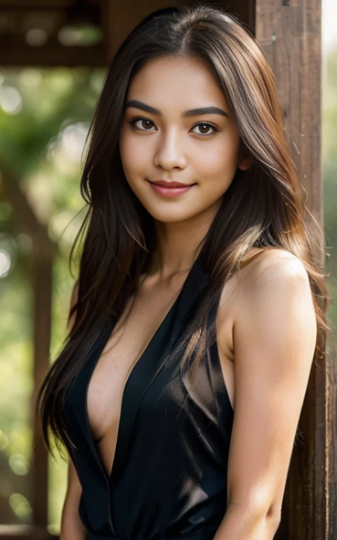 Sexy girl 25 years old,(masterpiece), Indonesian skin tone, best quality, expressive eyes, perfect face, (ultra realistic), (Orange Formal Suit), Smile, Long Black Hair, innocent face, natural wavy hair, brown eyes, black pantie, Topless, Perfect tits,  Boobs size 90c, High resolution, masterpiece, Best quality, intricate high detail, highly detailed, focus sharp focus, detailed skin, realistic skin texture, texture, detailed eyes, professional, 4K, charming smile, filmed on Canon, 85 mm, shallow depth of field, Kodak Vision Color, perfect fit body, Extremely detailed, photograph_\(ultra\ ), photoreallistic, Realstic, Post-processing, Maximum details, roughness, real life, ultra realist, photorealism, photography, 8K UHD, photography
