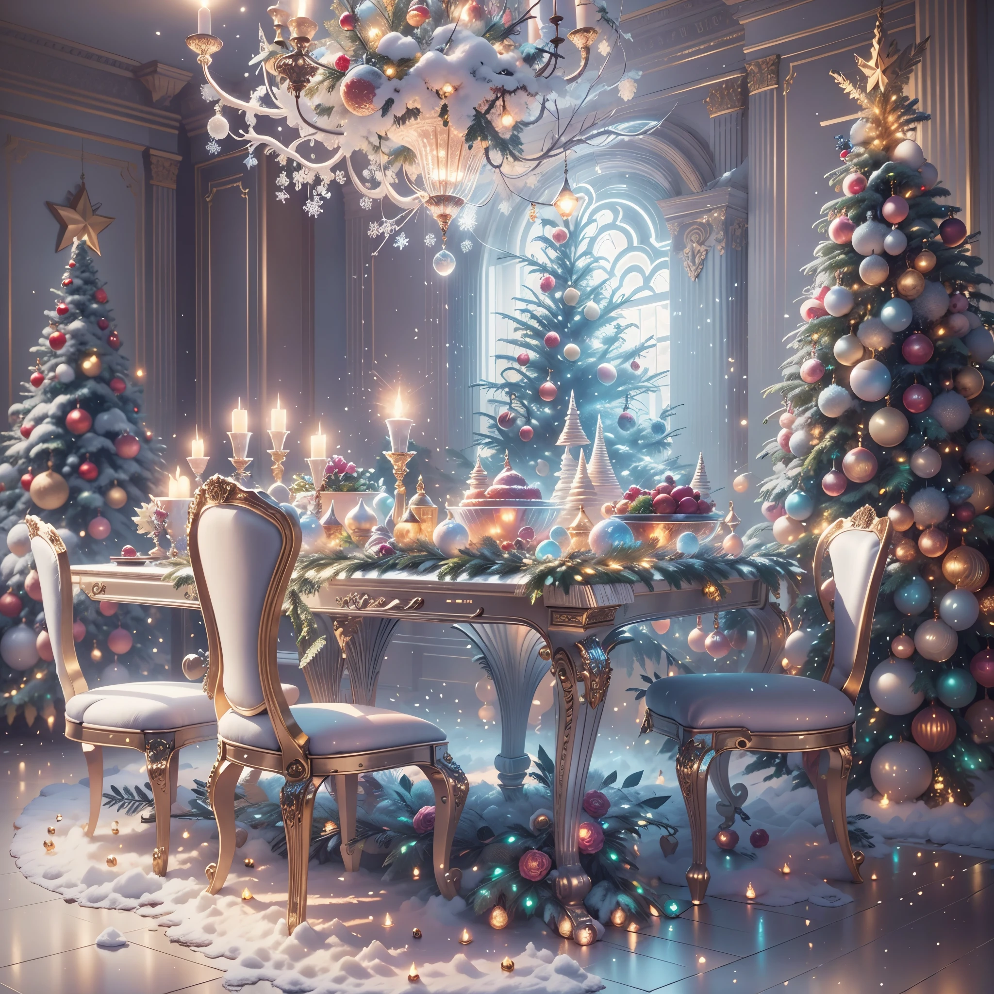 extreme detail description，professinal，vivd colour，bokeh，mirai，peculiar，festivity，celebrating，christmas，(冬季wonderland)，(Fairytale，magia，whimsically)，((NOhumans))，vivid decoration，energeticatmosphere，white christmas tree，Sparkling ornaments，wrapped gifts，(shiny metal wall，shiny reflective surfaces，endless hallucinations，suspended metal snowflakelashing lights，Snowflakes flying in the sky，mechanical fireplace), flexible movement，Christmas lights greeting visitors，silver dining table，Elegant place setting，Fine dining，Artistic food display，unique metal chair，Soft cushions，comfortable seatinetal chandelier，warmly lit，festivity氛围，(Piano in the corner)，colourful light，(musical note)，Magical atmosphere，telling stories，wonderland，Interior design，fantasy，(机械Fairytale)，number art，（painting of a），Popular on ArtStation，Popular on Pinterest，Popular on DeviantArt