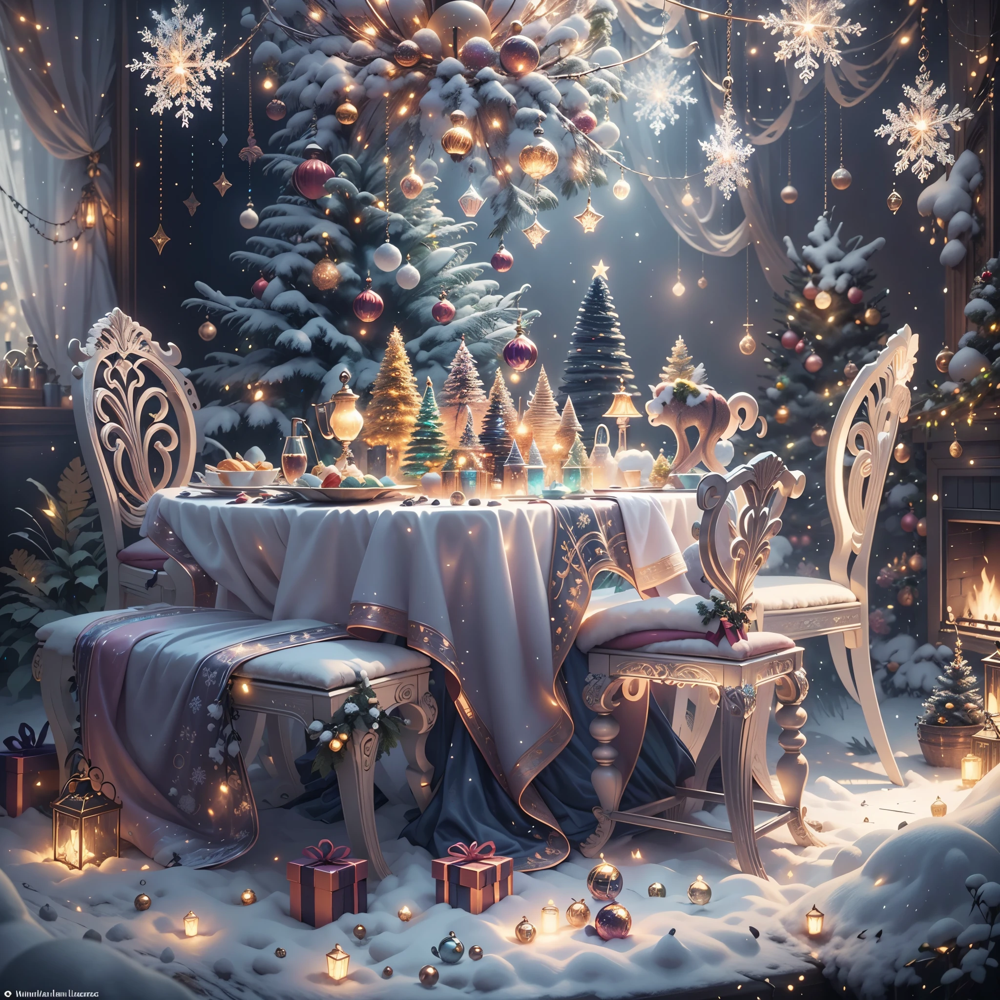 extreme detail description，professinal，vivd colour，bokeh，mirai，peculiar，festivity，celebrating，christmas，(冬季wonderland)，(Fairytale，magia，whimsically)，((NOhumans))，vivid decoration，energeticatmosphere，white christmas tree，Sparkling ornaments，wrapped gifts，(shiny metal wall，shiny reflective surfaces，endless hallucinations，suspended metal snowflakelashing lights，Snowflakes flying in the sky，mechanical fireplace), flexible movement，Christmas lights greeting visitors，silver dining table，Elegant place setting，Fine dining，Artistic food display，unique metal chair，Soft cushions，comfortable seatinetal chandelier，warmly lit，festivity氛围，(Piano in the corner)，colourful light，(musical note)，Magical atmosphere，telling stories，wonderland，Interior design，fantasy，(机械Fairytale)，number art，（painting of a），Popular on ArtStation，Popular on Pinterest，Popular on DeviantArt