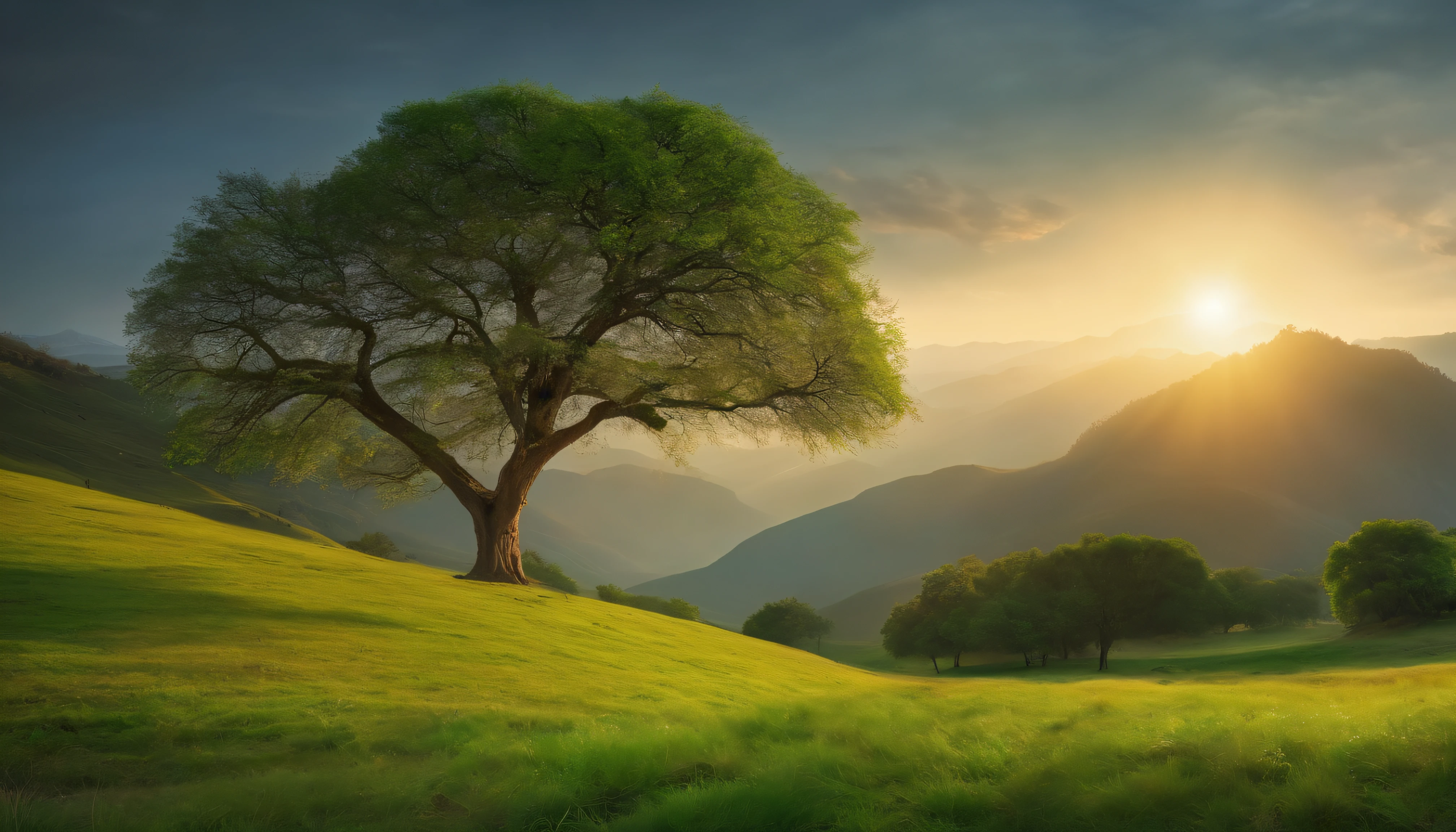 A green steppe,There is a big tree in the middle,It is surrounded by rolling hills,Surrounded by large trees,A ray of light shone on the tree(The Tyndall Effect 2.0),The picture is quiet and peaceful