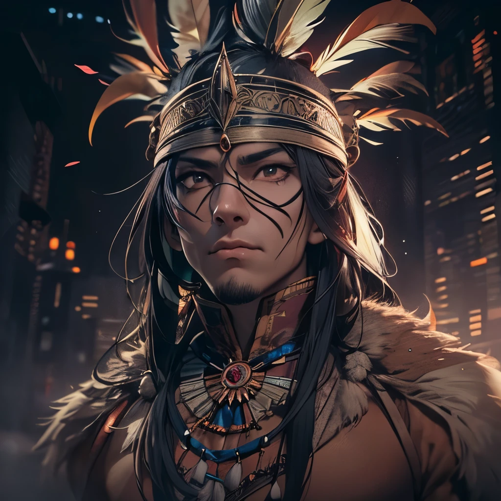 (masterpiece), 8k cg, intricate details, chromatic aberration, ((bust shot)), ((looking at viewer)), 1man (brown eyes, long black hair, native american, native headpiece, Nightwolf), strong face, handsome face, tan skin, frown, 20 year old, absurdres, cinematic lighting, dynamic lighting, fantasy, ((dark background, fog))