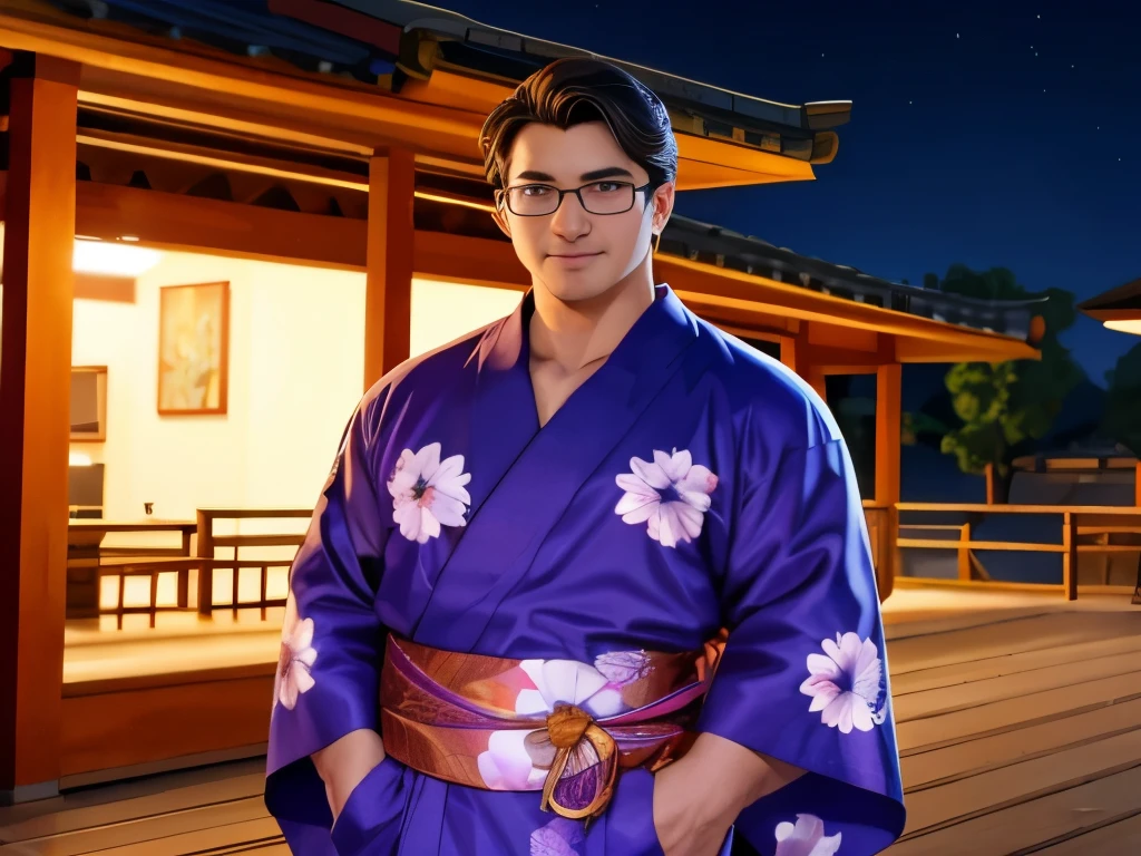(top-quality:1.1), (masterpiece:1.1), (Cowboy Shot:1.2), (Combed hair:1.2), (macho:1.2), ember, Big body, Dark hair, sharp eye, Borderless glasses, Purple yukata, , ssmile, Lively nighttime summer festival venue, (japanes:1.1), 18year old, (Standing facing the front:1.2)