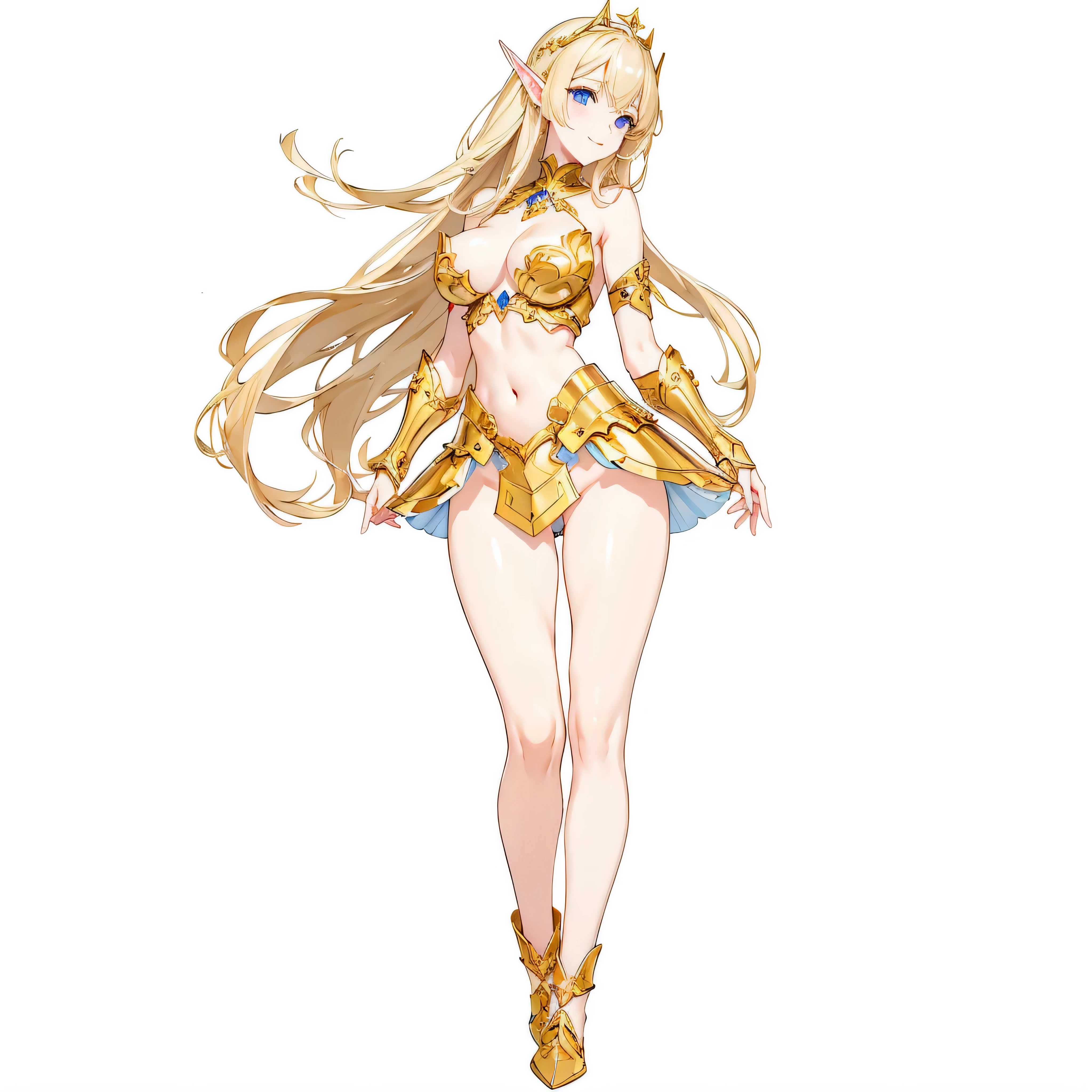 ​masterpiece、top-quality、ighly detailed、hight resolution、１６ｋ、????????、teats、Teetoob proportions、elvishの女の子、golden armour、Very thin skirt、Black pants、Very white skin、Beautiful fingers、Anime girl with very ??????????? posing ?????、Perfect Style、elvish、no-bra、Blonde blue-eyed、A smile、slim the contours