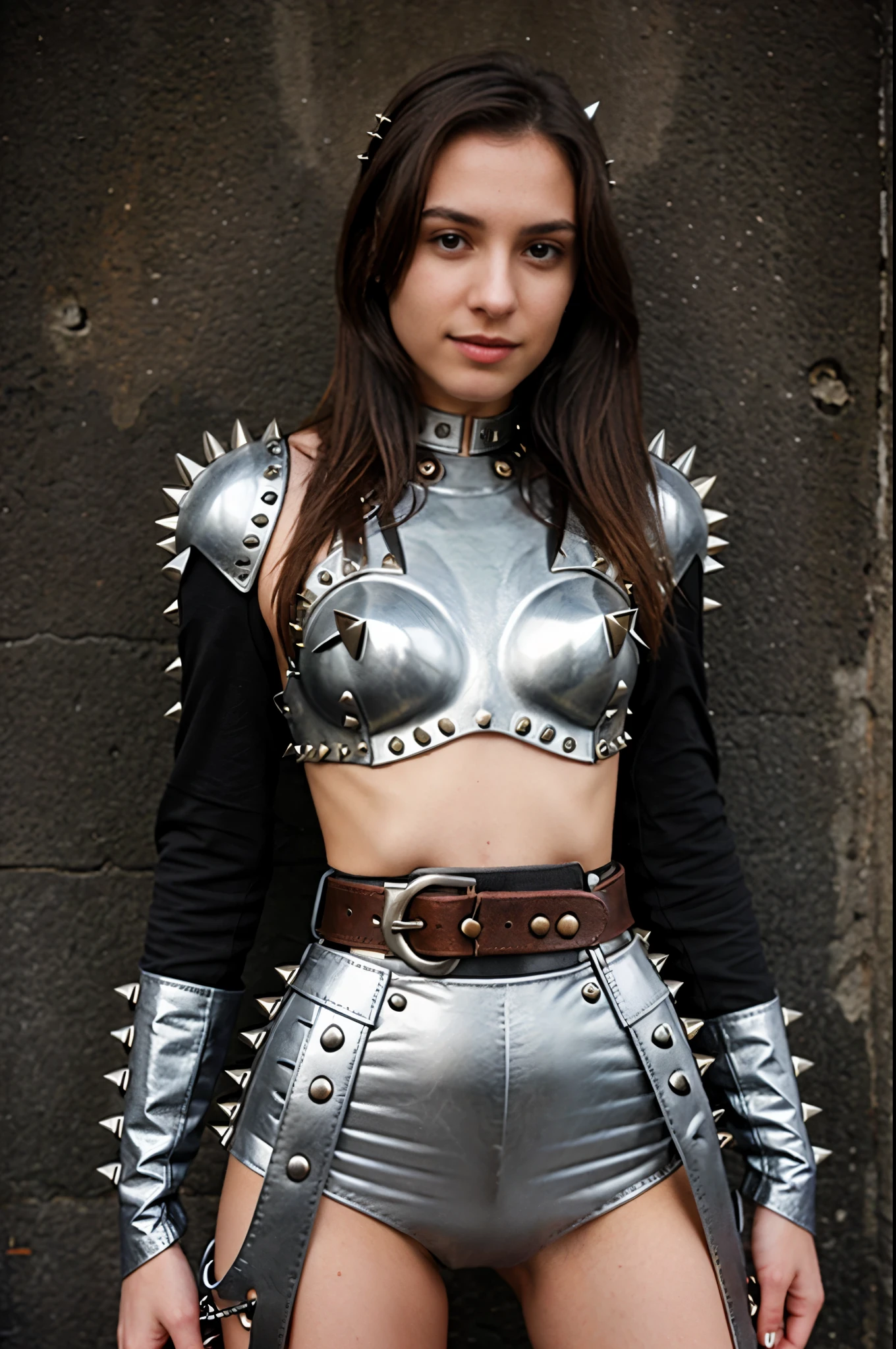 iron chastity belt with spikes on a naked girl, you can see naked tits and pussy
