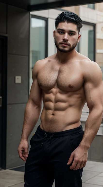 Jon snow, 20 years old, rascado de Los lados y de detras y bajo arriba haircut, black hair, intense blue eyes fixed, intense gaze, affiliated features, no facial hair, height 1.93, weight 90 kg, aesthetic muscular build, broad shoulders, V-shaped body, wolf tattoos, full body focus, completely hairless,