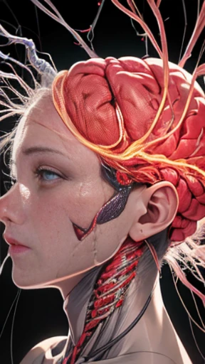 a close up of a human head with a brain and multiple wires, visible nervous , medical depiction, neuroscience, nerve , hyperrealistic anatomy content, nervoain visible, hyperrealistic anatomy, nerves, circuitry visible in head, brain anatomy, human brain, neural, brain interface, nerves and muscles, neuro web, exploded view of human anatomy