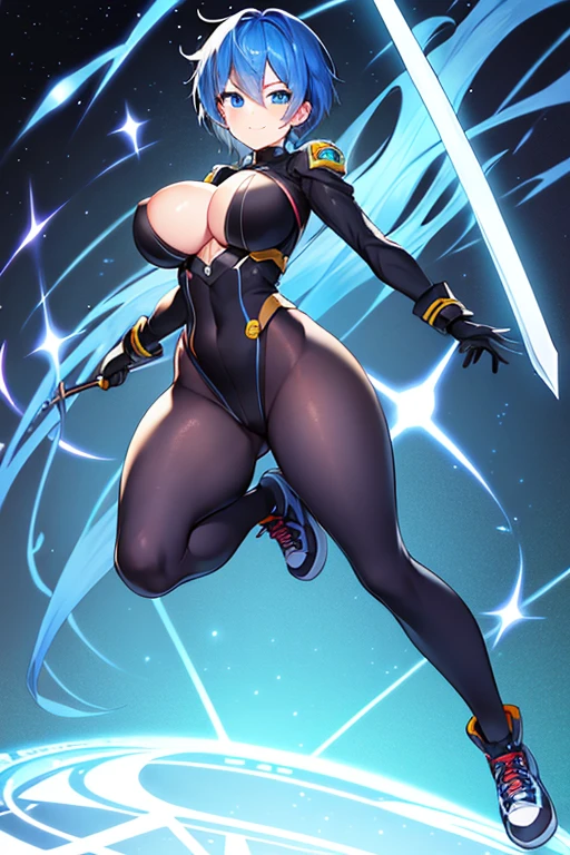 1girl, breasts, large breasts, wide hips, blue hair, very short hair, tomboy, pixie cut, blue eyes, bodysuit, black bodysuit, smile, light smile, sword, shoes, sneakers, pantyhose, black pantyhose, futuristic, science-fiction, neon, neon trim, full body, ((full body))