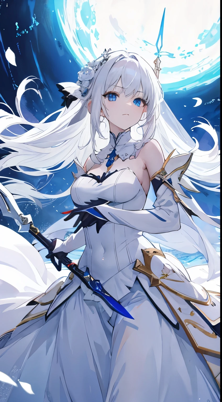 tmasterpiece,HighestQuali,Anime girl with sword and full moon in background, Wear a blue bow on your head,White sword in hand,Moon earrings,White armor,Lady Knight,Blue by Capelet,an anime drawing inspired by Li Chevalier, pixiv contest winner,Gray eye