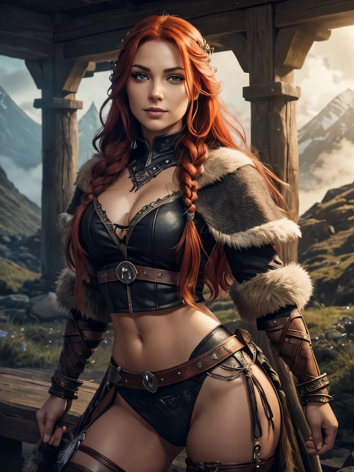 A beautiful and sexy viking raider woman dressed in wolf armor, heavy eyeliner, heavy eyeshadow, beautiful refined face detail, bright light eyes, crooked smile, mischievous glint in her eye, perfect legs, brazen energy, adventurous spirit, Lucious braided red hair, back from a victorious raid, atmospheric fog, ambient light, rim light, an overgrown mountain forest, a great longhouse,