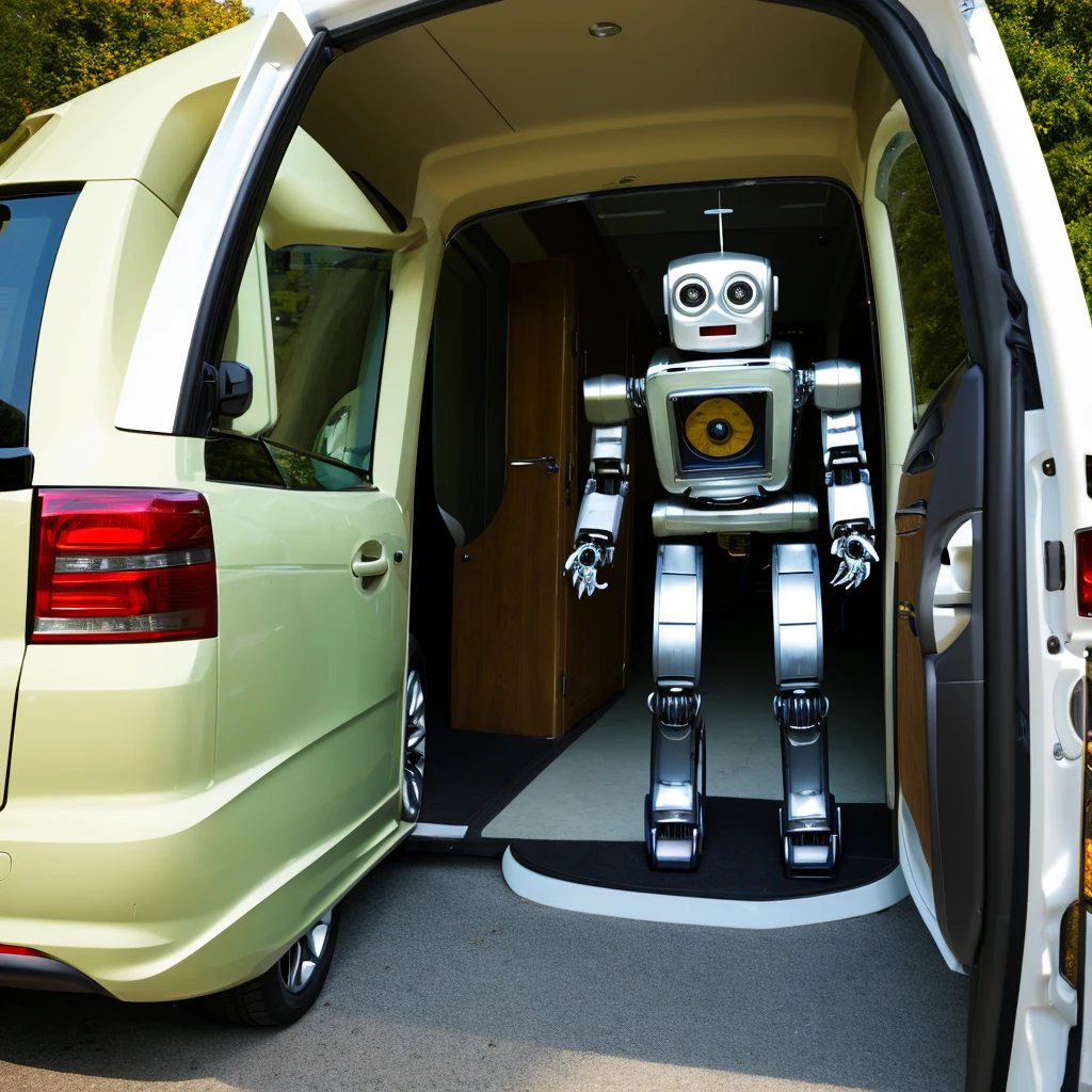 best quality,ultra-detailed,realistic,(robot:1.1),(butler:1.1),(car:1.1),(door:1.1),opening door,