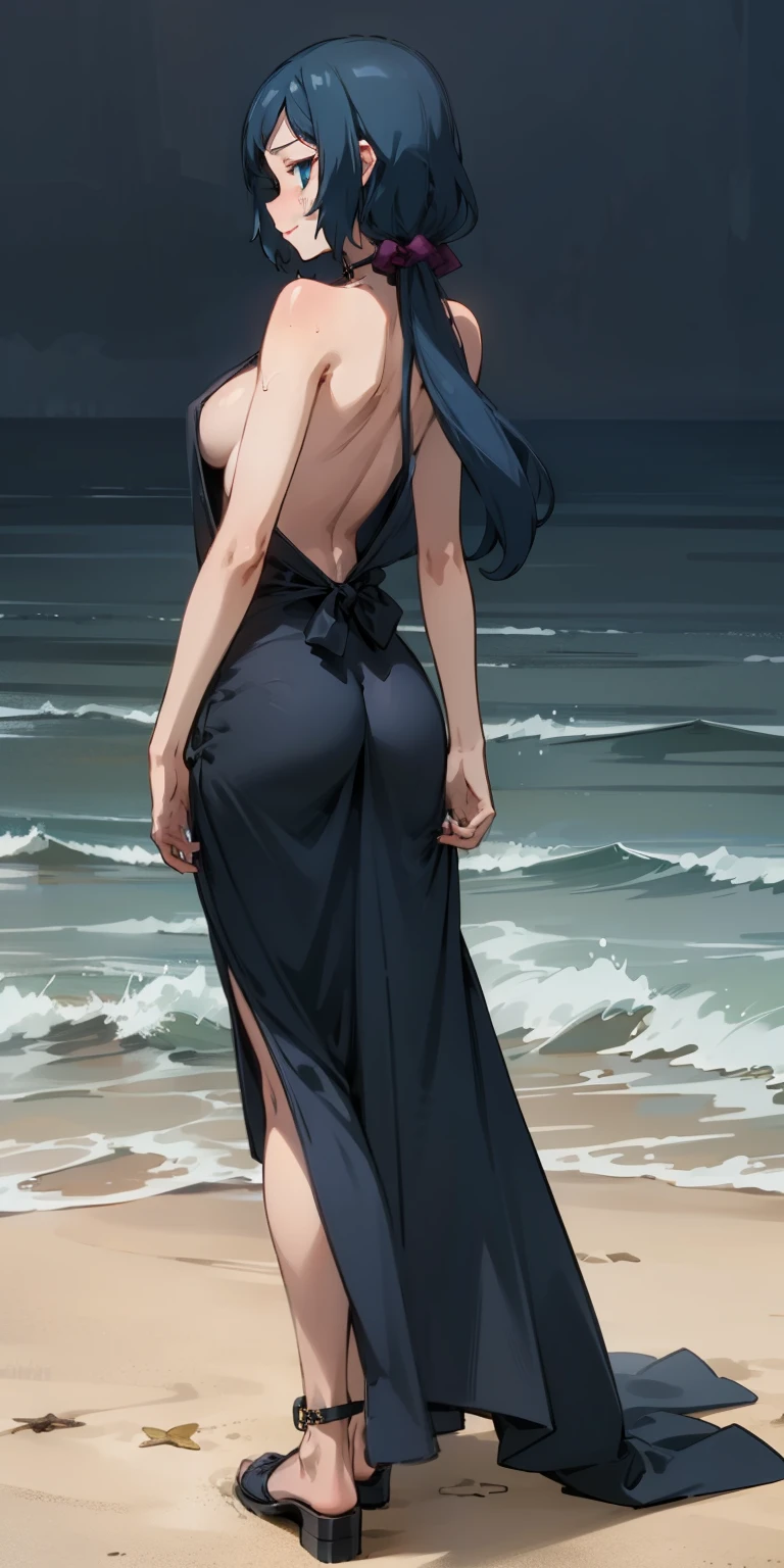 (Masterpiece), Best Quality, ultra-detailed, perfect hands, Delicate eye expression, 1girl (rinko_iori, Sexy, Slender and sexy body, large and pretty breasts, naked body, Gray-haired hair, long hair, blue eyes (empty eye)),solo,closed mouth, nude,dark skin,Beach, standing, Full-body, provocative pose, evil look,wicked smile, Sexy waist teasing, back-view