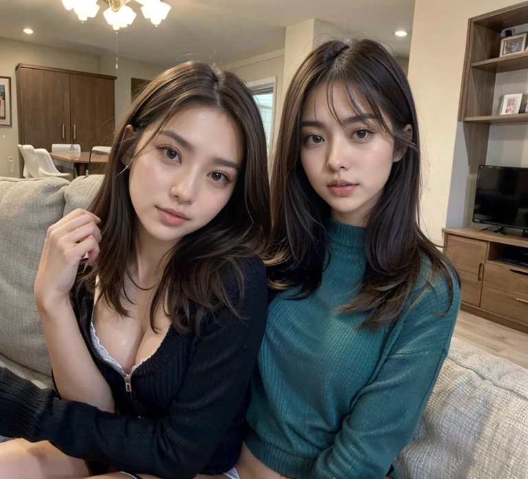 Ultra high quality、Caressing each other、The lower half of the body is in underwear、Legs spread wide on the big sofa in the living room、Hairstyle is very short bob
