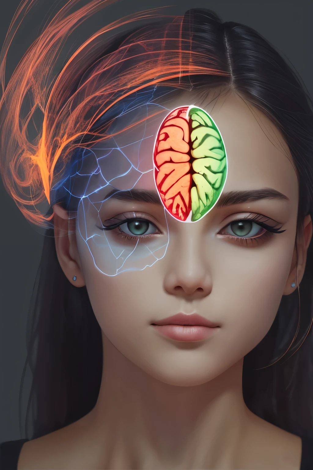 Generate an image of a human face with an X-ray effect, emphasizing only the visible brain. The transparent parts should have a bluish outline, while the visible part (the brain) should be depicted in shades of orange. --auto --s2