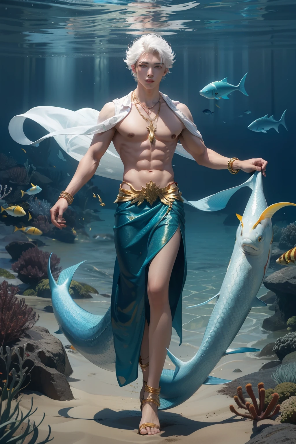 Handsome merman man, white hair, red fish tail, sea bottom, 18 years old, full body with gold necklace and gold bracelets