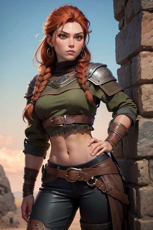 (Mujer vikinga:1.2),(Pintura de guerra en la cara), Maquillaje guerrero, (ojos verdes:1.1),(muscular),(Abrigo),(falda de piel),(pants),(auburn hair color:0.9),(Peinado vikingo),(loose hair with small braids on the scalp), (top con correa de cuero) plumaje, capa sobre el hombro, spaulderlue, traje gris y marron:1.2), guerrero