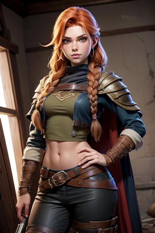 (Mujer vikinga:1.2),(Pintura de guerra en la cara), Maquillaje guerrero, (ojos verdes:1.1),(muscular),(Abrigo),(falda de piel),(pants),(auburn hair color:0.9),(Peinado vikingo),(loose hair with small braids on the scalp), (top con correa de cuero) plumaje, capa sobre el hombro, spaulderlue, traje gris y marron:1.2), guerrero
