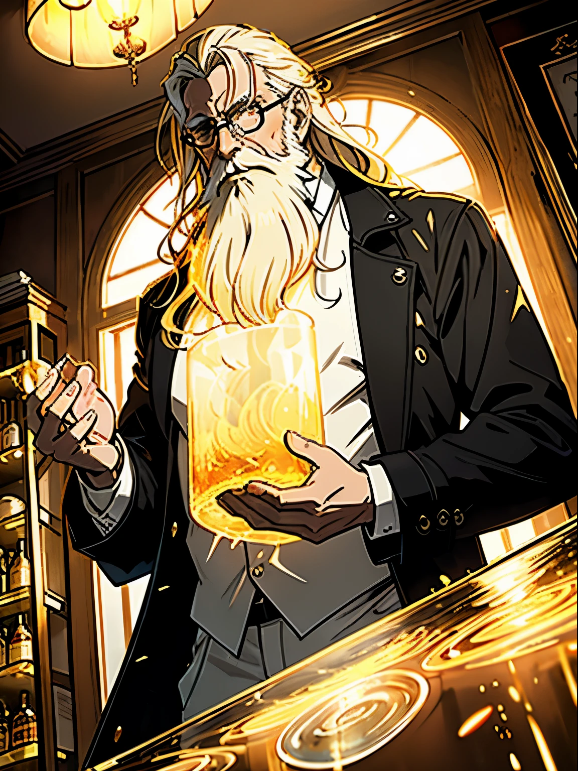The Demon Hunter is a light blond-haired middle aged man, he took out a row of ten tubes,Neatly placed on the counter。The pale golden liquid rippled with layers of dazzling light under the glass tube。Dark theme, optic, fanciful。trench coat, beard, long hair。
