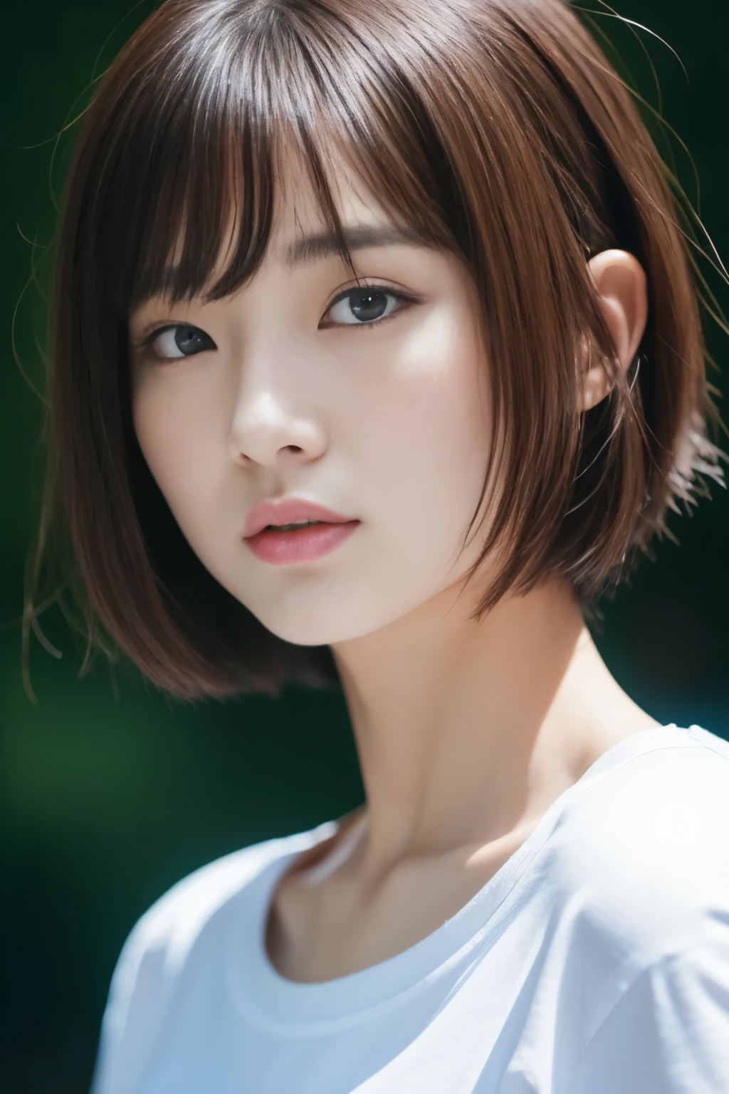 Close up of woman in t-shirt posing for photo, Middle metaverse, 奈良美智, Japanese Models, Beautiful Asian Girl, With short hair, 2 4 years old female model, 4 k ], 4K], 2 7 years old, sakimichan, sakimichan