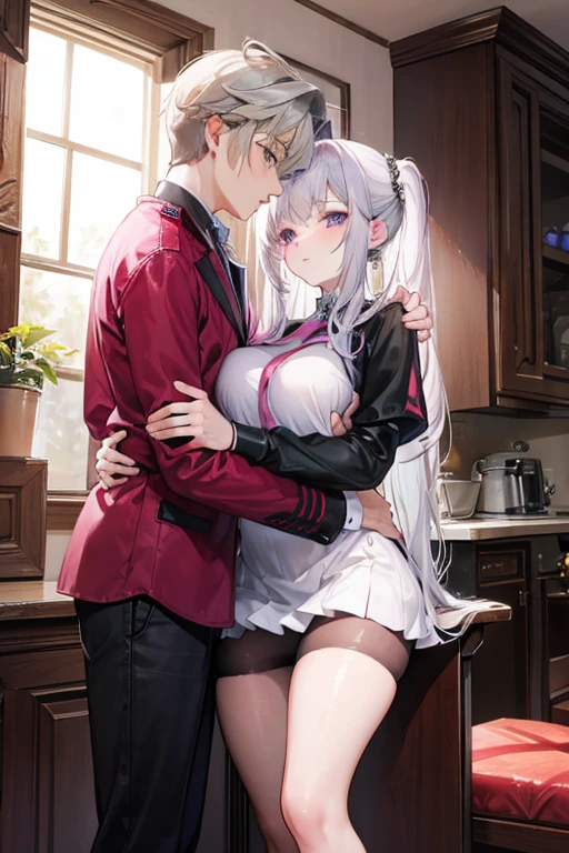 A silver haired woman with green eyes is hugging a pink haired woman with violet eyes in gothic clothing in the kitchen.