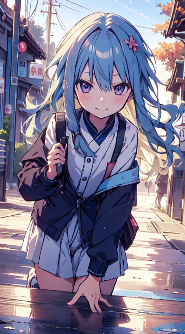 masutepiece, Best Quality,Illustration, Wallpaper, ultra -detail, 1loli、♡、Futomo、Poses in motion、mischievous smile、校服、In the street