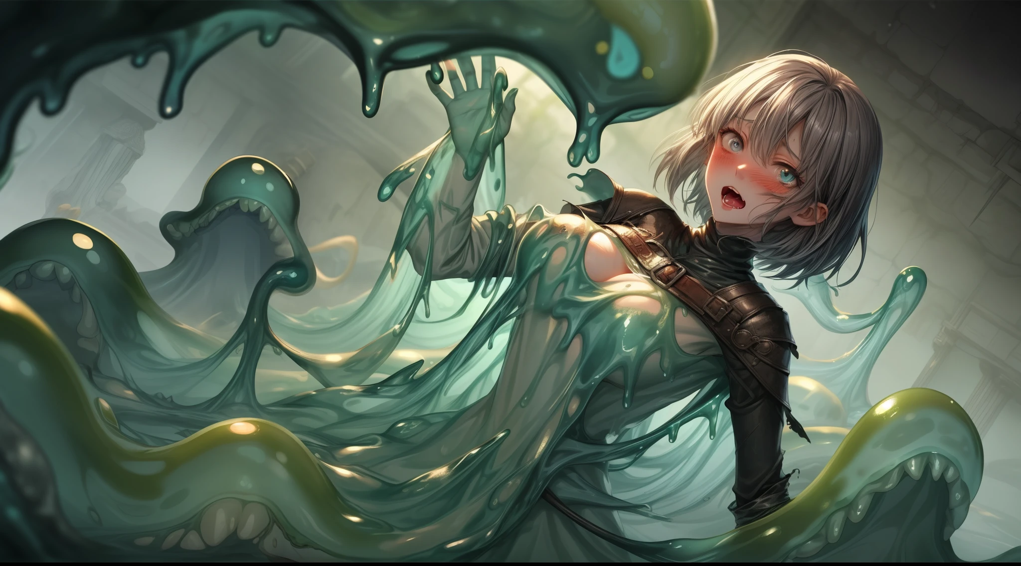 short hair anime promiscuous 20 year old medium breasts anime girl defeated by gelatinous slime, blushing shocked, open mouth wide eyes, torn clothes, medieval high fantasy dungeon crawlind d&d, (, massive slime touches girl) (massive slime on whole body)