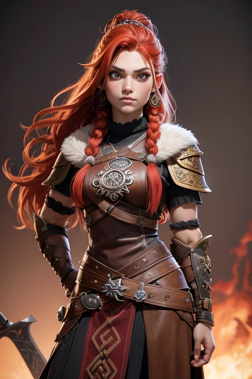 Guerrera pelirroja, pelo largo recogido en una sola trenza, Pecas en la cara, mix of Nordic and Celtic themes, armado con espada larga y escudo redondo de madera, wearing medium leather armor with fur linings and Celtic and Norse knots, Estilo realista, muy detallado, highest qualityr