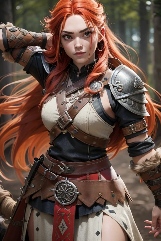 Guerrera pelirroja, pelo largo recogido en una sola trenza, Pecas en la cara, mix of Nordic and Celtic themes, armado con espada larga y escudo redondo de madera, wearing medium leather armor with fur linings and Celtic and Norse knots, Estilo realista, muy detallado, highest qualityr