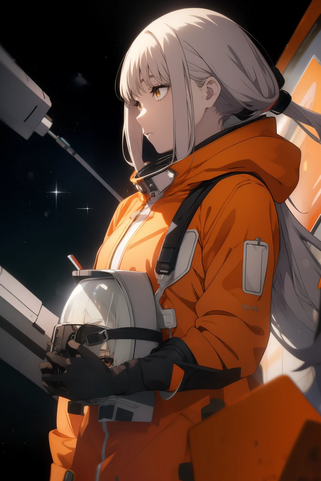 masterpiece, best quality, 1girl, (space), spacecraft, (orange spacesuit), full pose, side angle, science fiction, yellow eyes, twintails, silver hair, (space, dynamic), cute, ethereal, (slow motion)