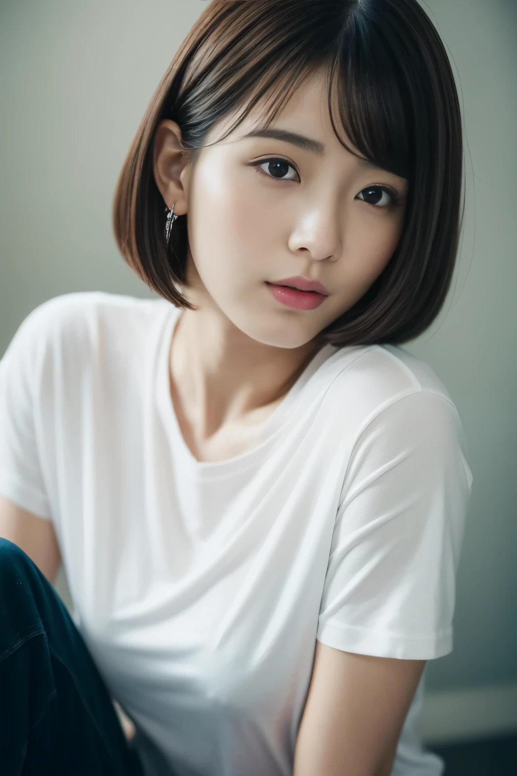 Close up of woman in t-shirt posing for photo, Middle metaverse, 奈良美智, Japanese Models, Beautiful Asian Girl, With short hair, 2  female model, 4 k ], 4K], 2 7 years oldn, sakimichan