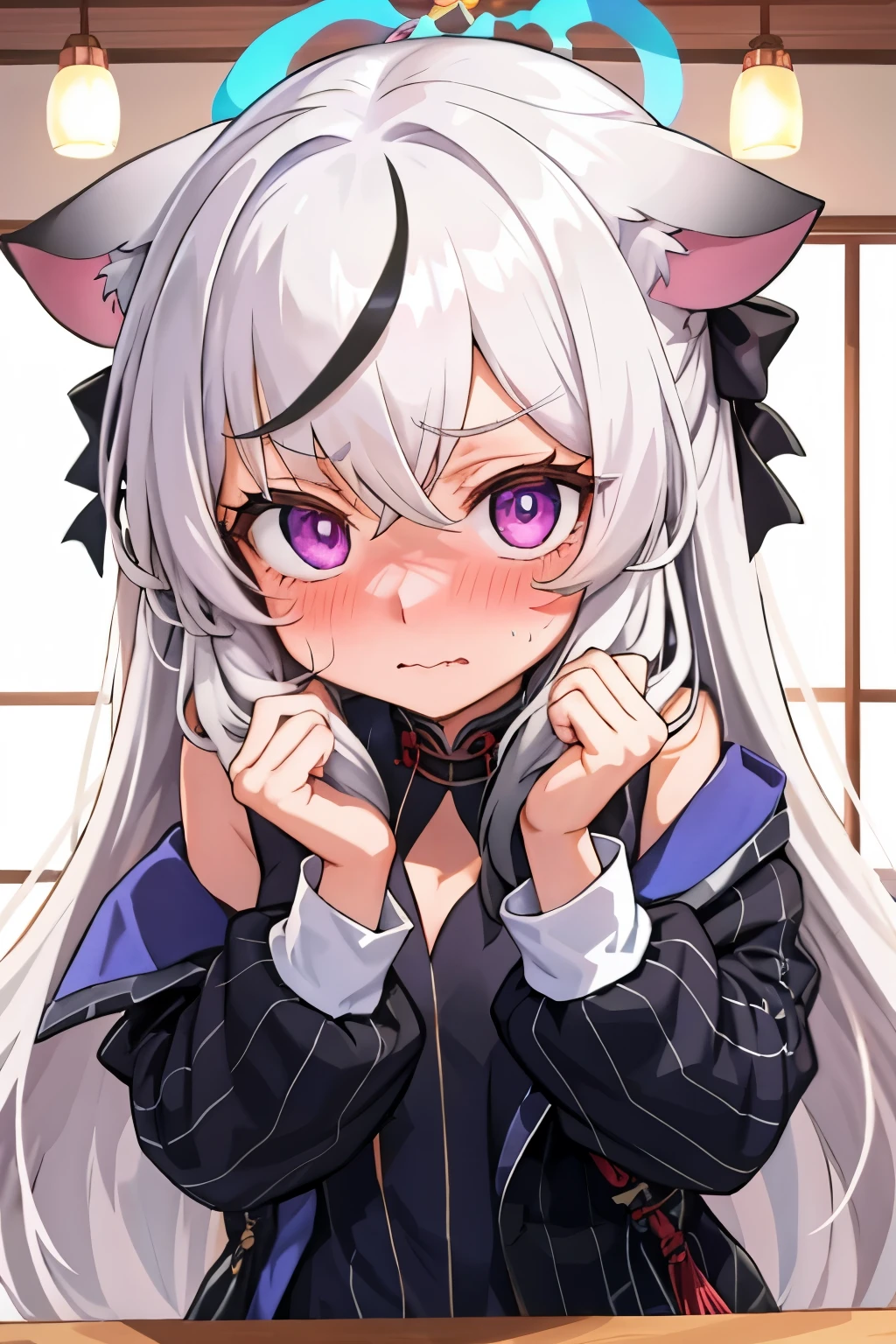 1girl, kokona, indoors, purple eyes, white hair, :3 mouth, embarrassed, beautiful eyes, beautiful lips, shiny lips, extremely detailed eyes and face, long eyelashes, close-up, warm lighting, vibrant colors, looking at the viewer, embarrassed look, blush, Christmas sweater, Christmas atmosphere